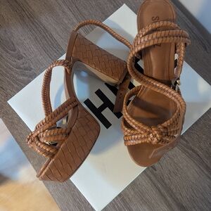 SCHUTZ Kareena Woven Platform Sandal Brown Leather